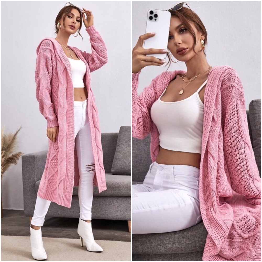 Pink Chunky Knit open Front Hoodie Long Cardigan - Picture 3 of 3